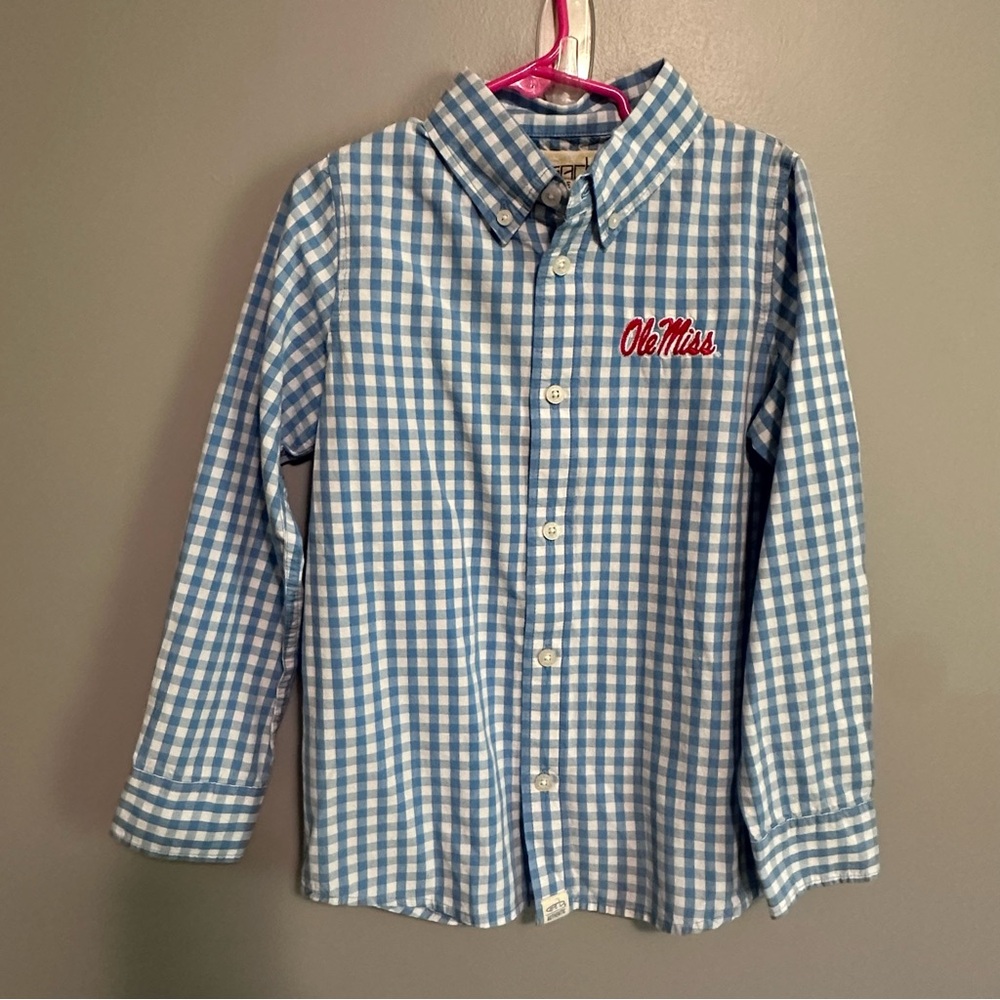 Garb Team Gingham Ole Miss Emblem Long Sleeve Button Blue Shirt Boy’s Small 5/6